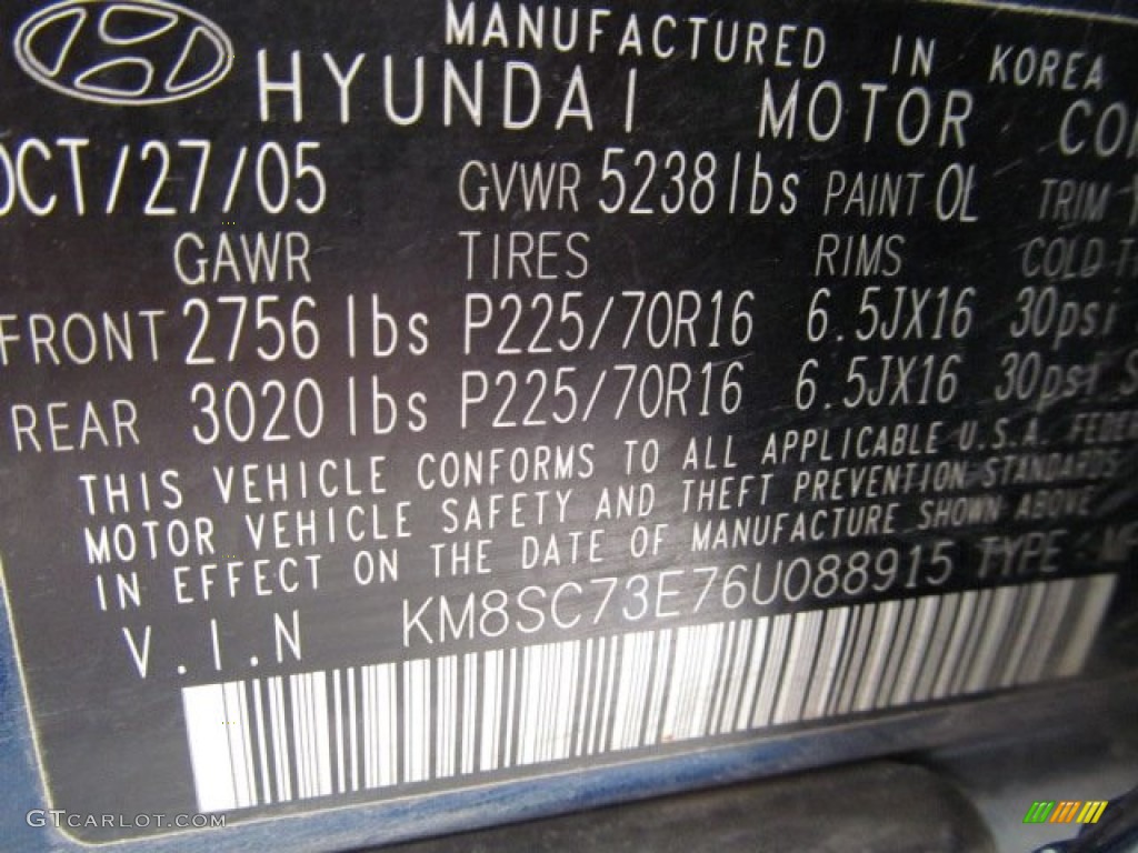 2006 Hyundai Santa Fe Limited 4WD Color Code Photos