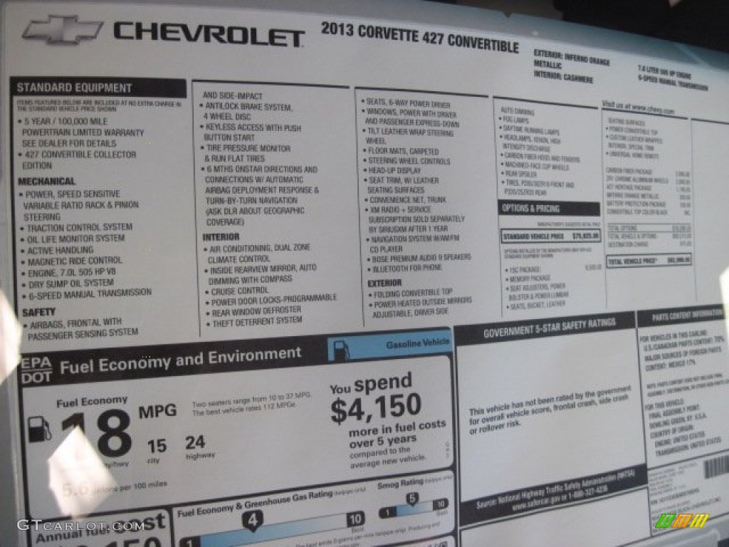 2013 Chevrolet Corvette 427 Convertible Collector Edition Heritage Package Window Sticker Photo #66825039