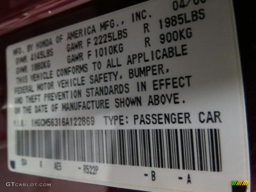2006 Accord Color Code R522P for Redondo Red Pearl Photo #66832895
