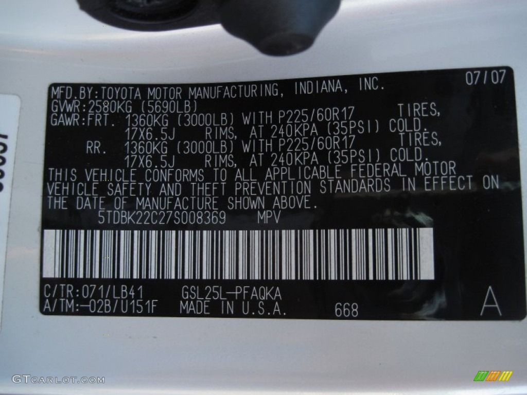 2007 Toyota Sienna XLE AWD Color Code Photos