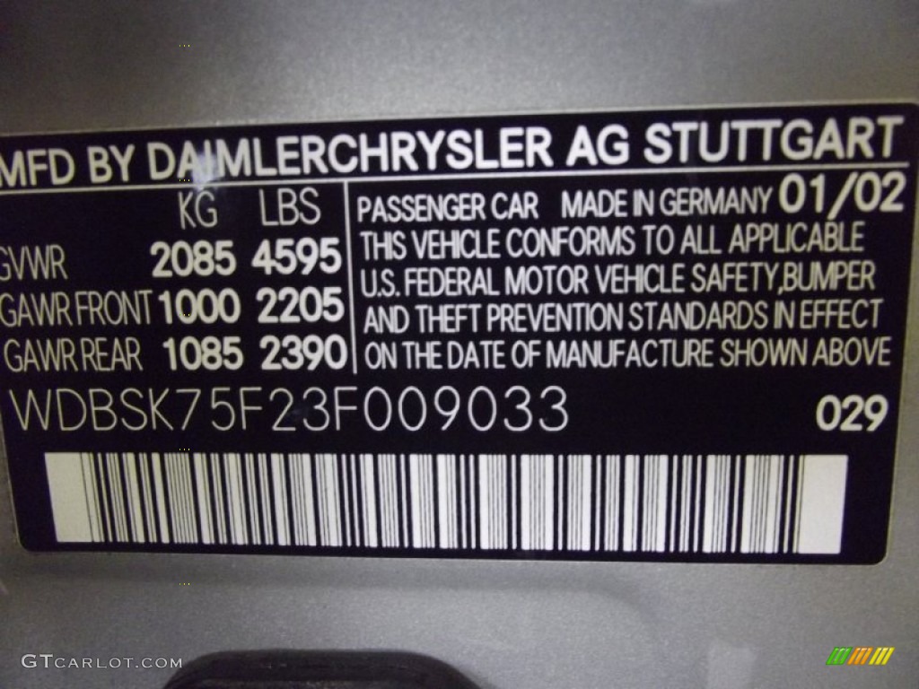 2003 SL Color Code 029 for designo Silver Metallic Photo #66843083