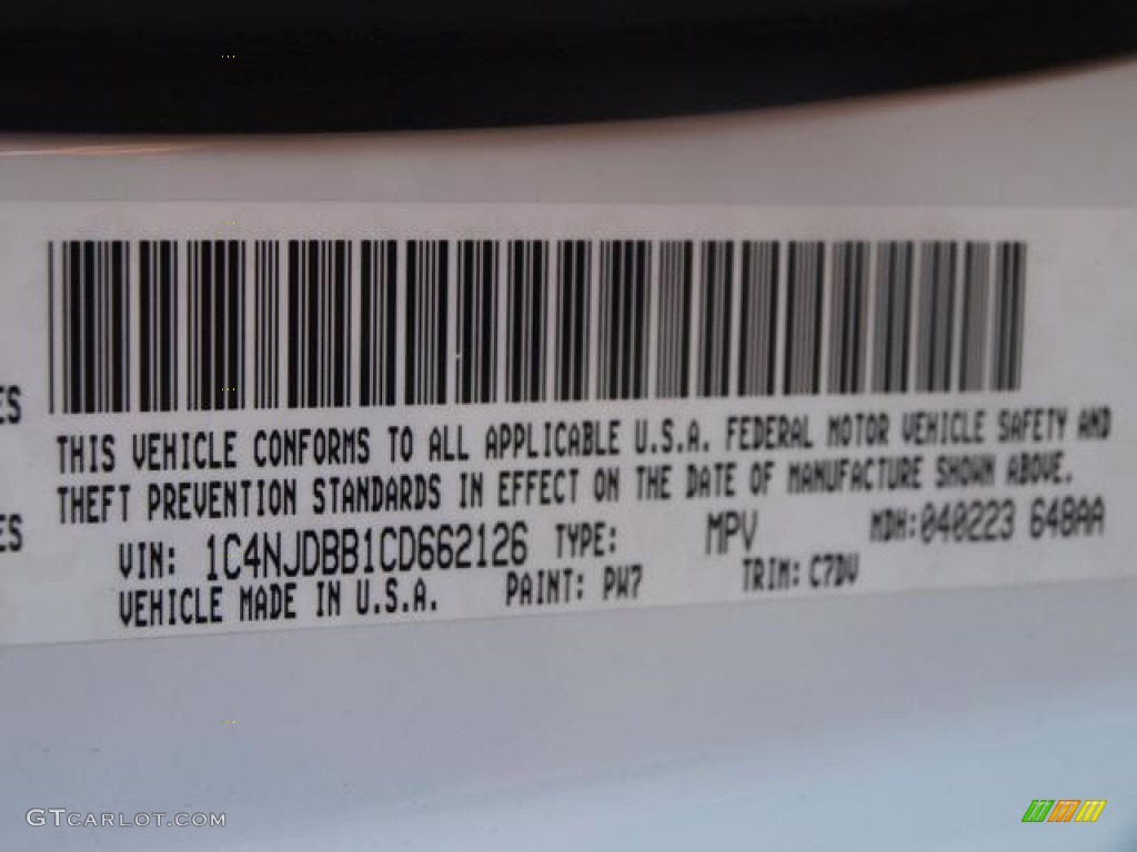 2012 Compass Color Code PW7 for Bright White Photo #66856757