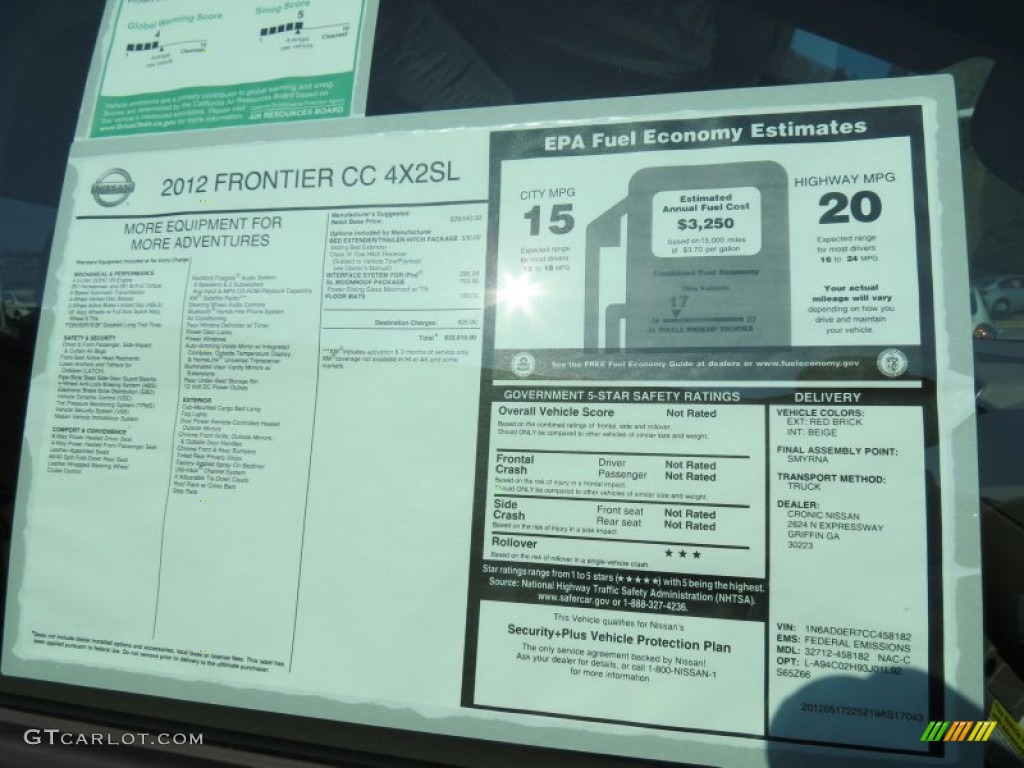 2012 Nissan Frontier SL Crew Cab Window Sticker Photo #66861350