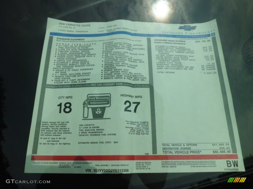 2000 Chevrolet Corvette Coupe Window Sticker Photo #66865436