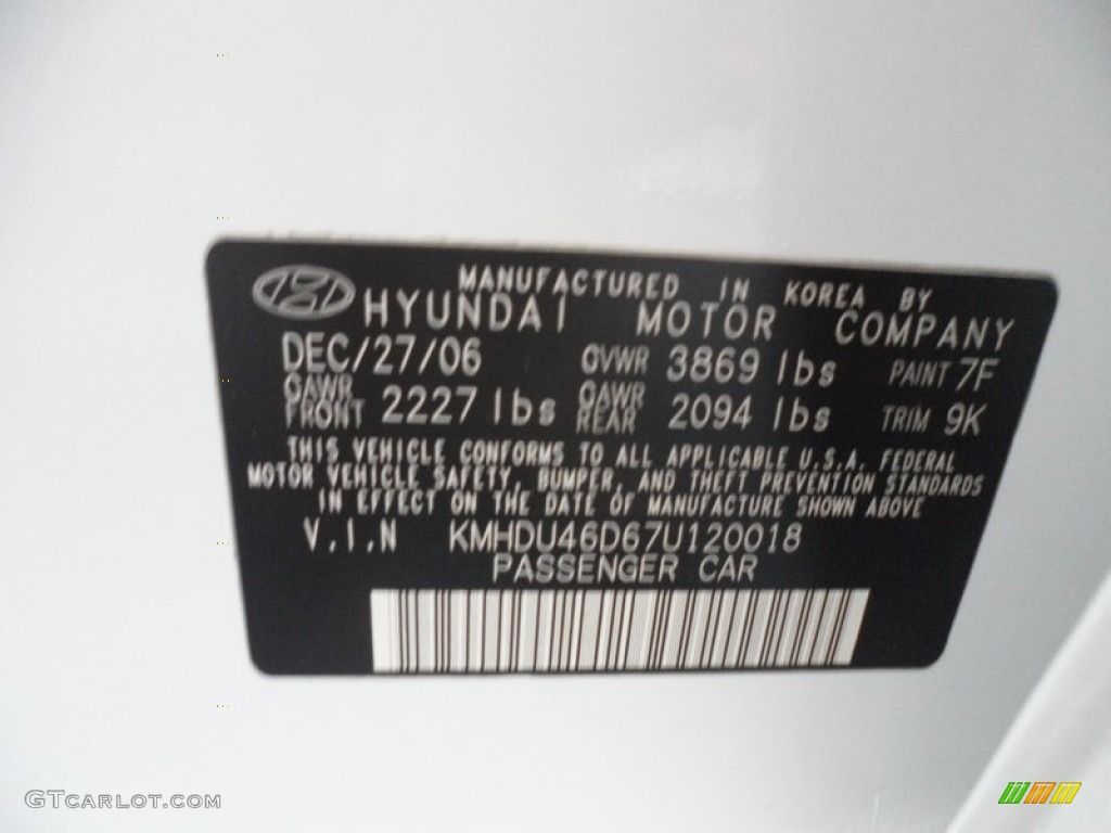 2007 Elantra Color Code 7F for Captiva White Photo #66868060