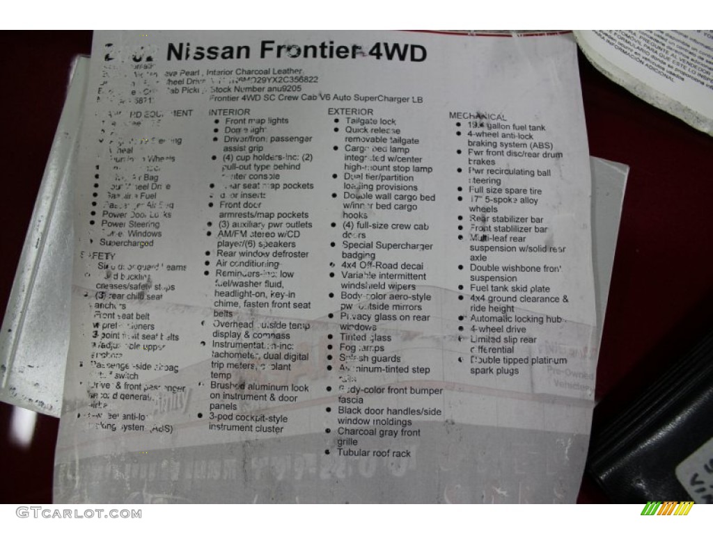 2002 Nissan Frontier SC Crew Cab 4x4 Window Sticker Photo #66887961