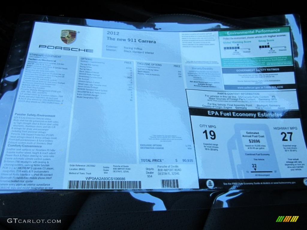 2012 Porsche New 911 Carrera Coupe Window Sticker Photo #66891724