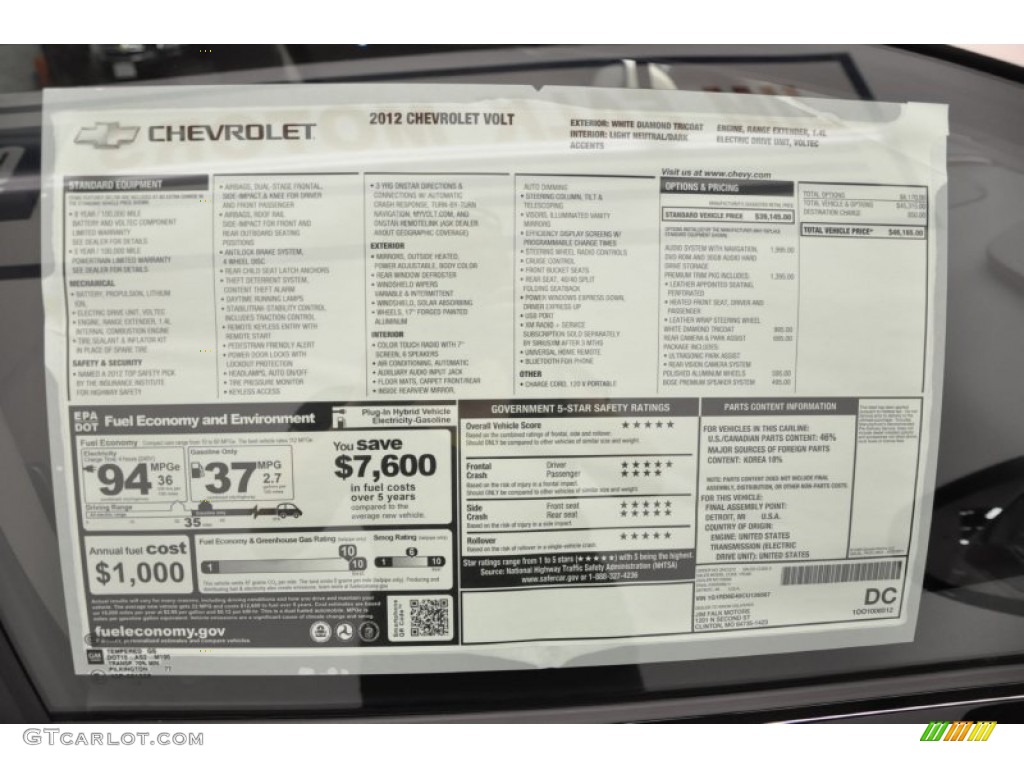 2012 Chevrolet Volt Hatchback Window Sticker Photo #66909178