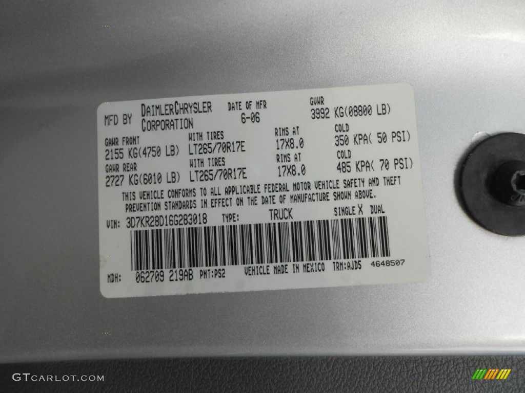 2006 Ram 2500 Color Code PS2 for Bright Silver Metallic Photo #66911569