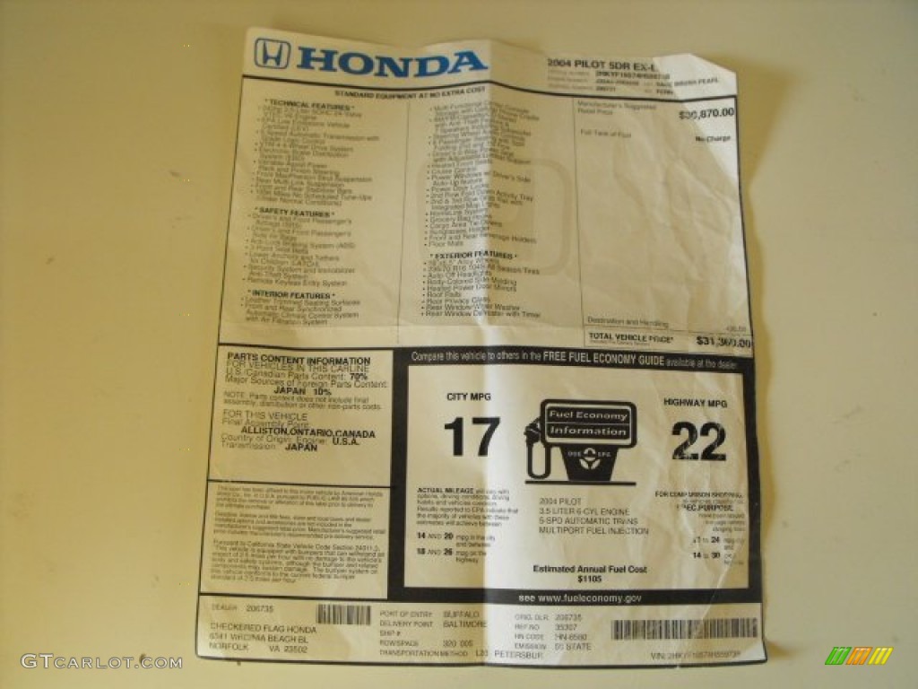2004 Honda Pilot EX-L 4WD Window Sticker Photo #66916064