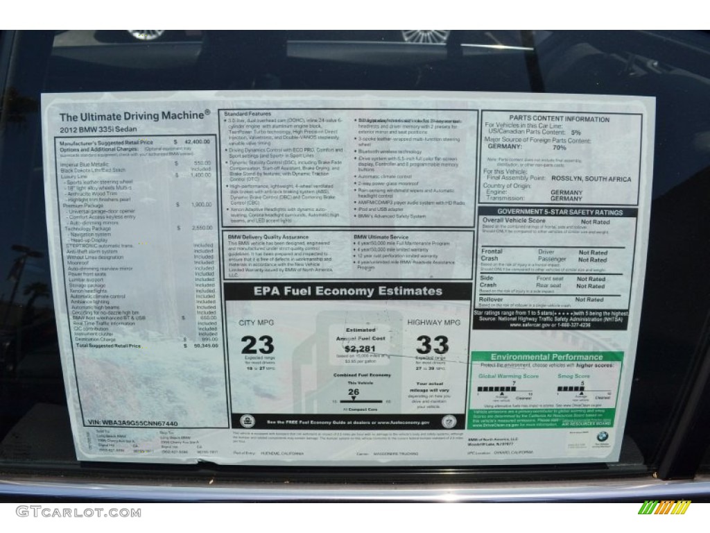 2012 BMW 3 Series 335i Sedan Window Sticker Photo #66929155