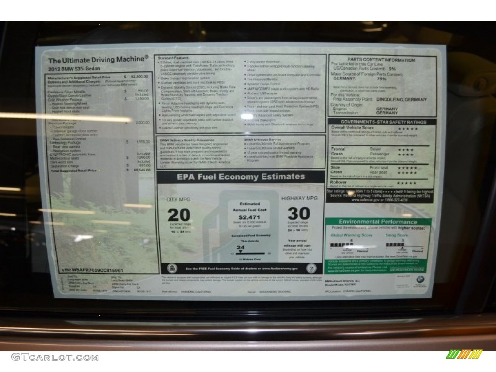 2012 BMW 5 Series 535i Sedan Window Sticker Photo #66930367