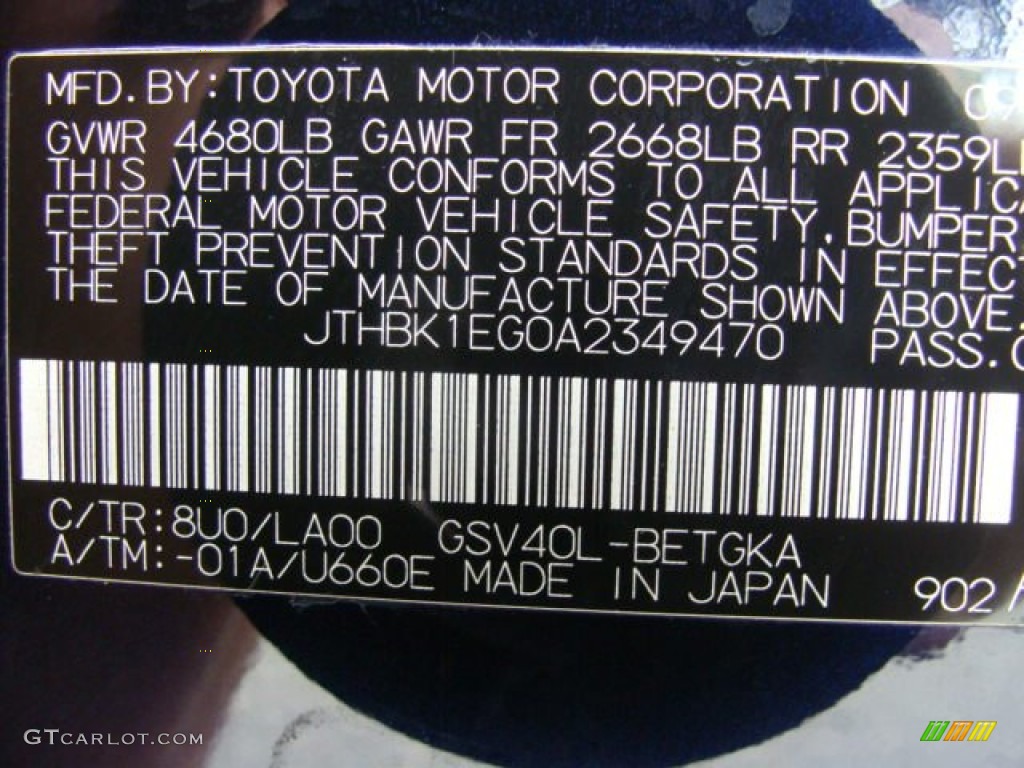2010 ES Color Code 8U0 for Black Sapphire Pearl Photo #66941500