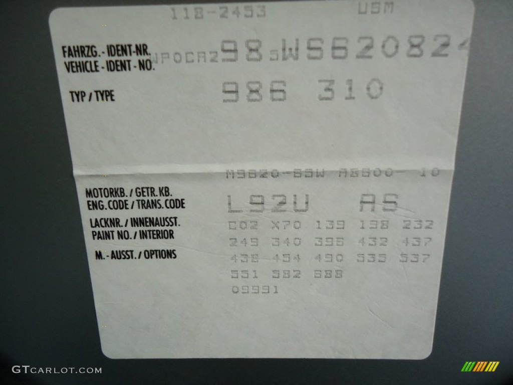 1998 Porsche Boxster Standard Boxster Model Color Code Photos