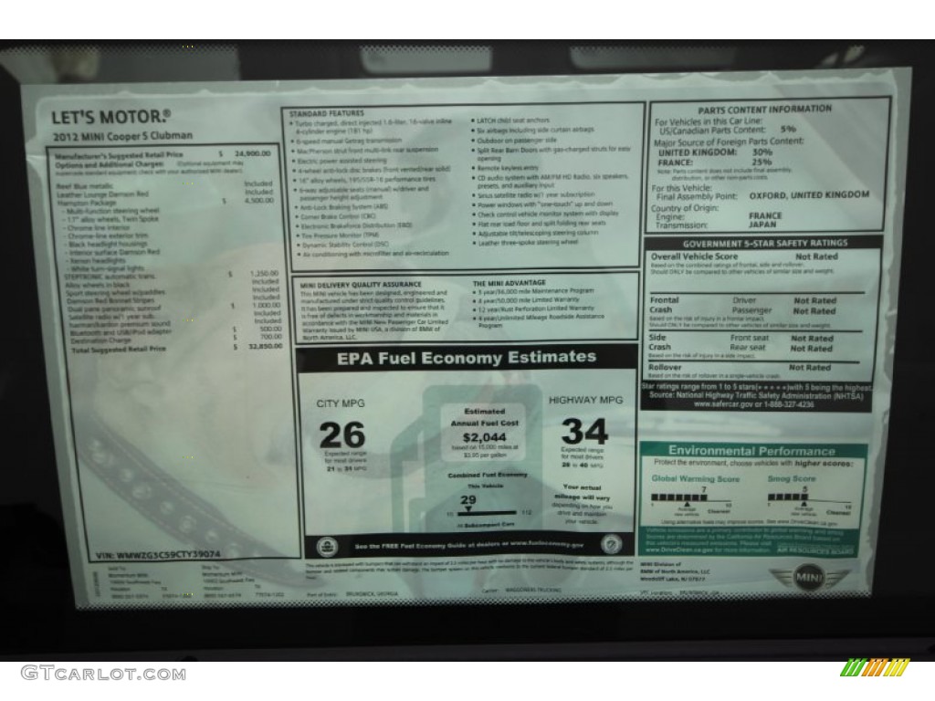 2012 Mini Cooper S Clubman Hampton Package Window Sticker Photo #66966685