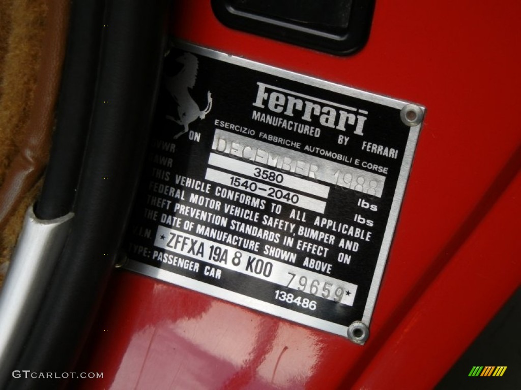 1989 Ferrari 328 GTB Info Tag Photo #66970969