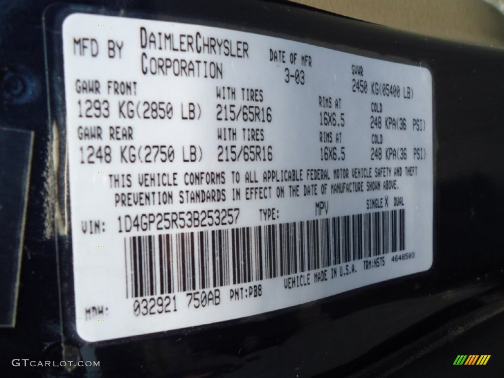 2003 Dodge Caravan SXT Color Code Photos
