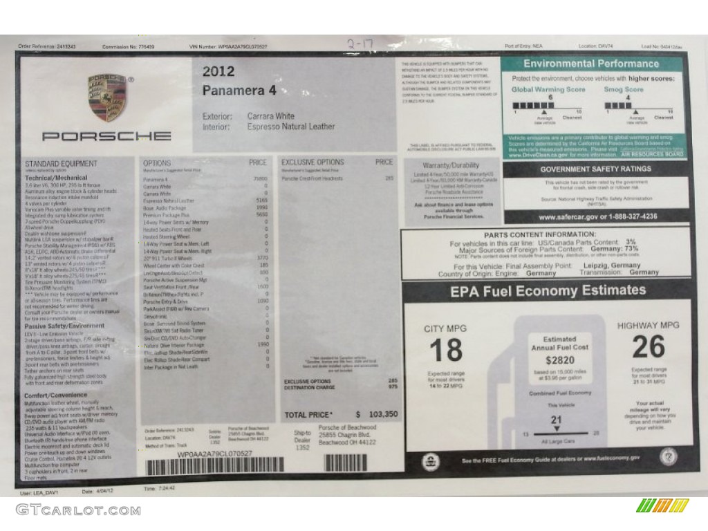 2012 Porsche Panamera 4 Window Sticker Photo #67008760