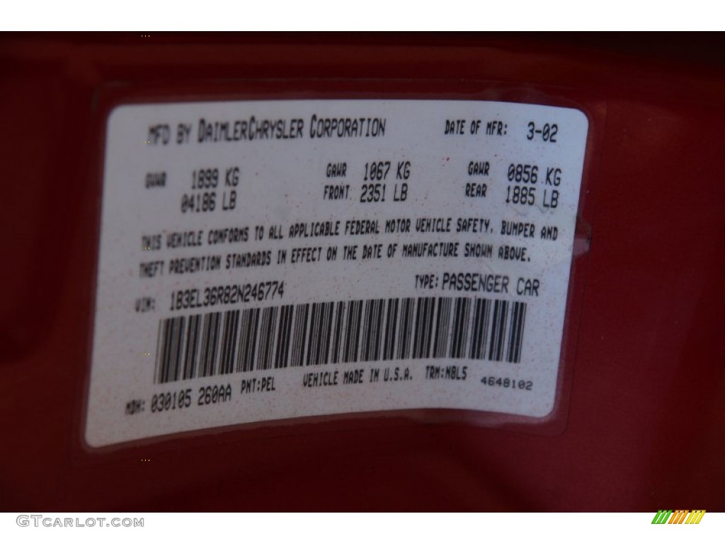 2002 Stratus SE Sedan - Inferno Red Pearl / Dark Slate Gray photo #55