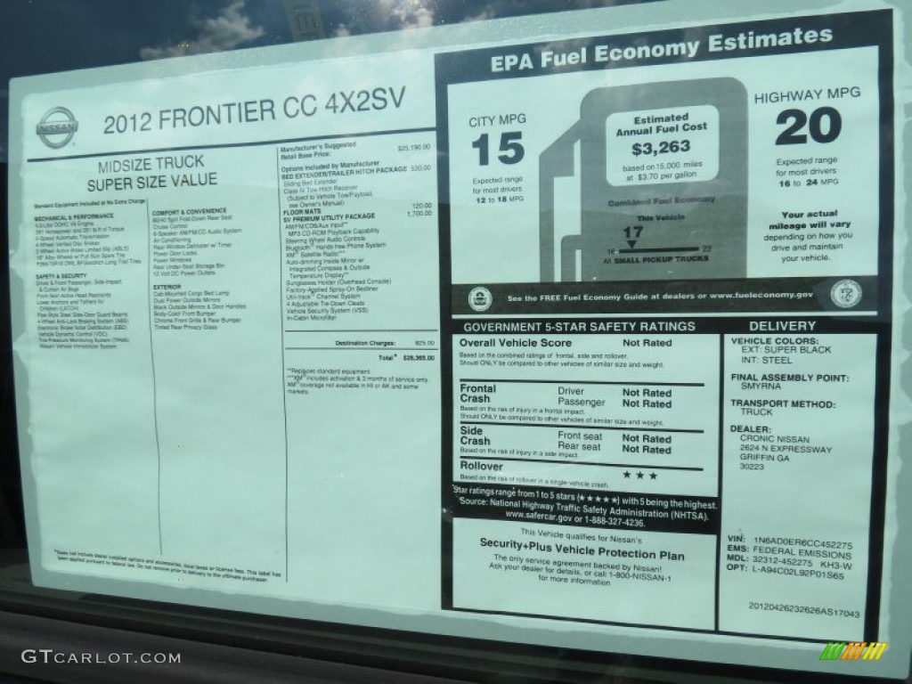 2012 Nissan Frontier SV Crew Cab Window Sticker Photo #67033242