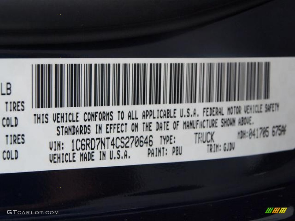 2012 Ram 1500 Color Code PBU for True Blue Pearl Photo #67034289