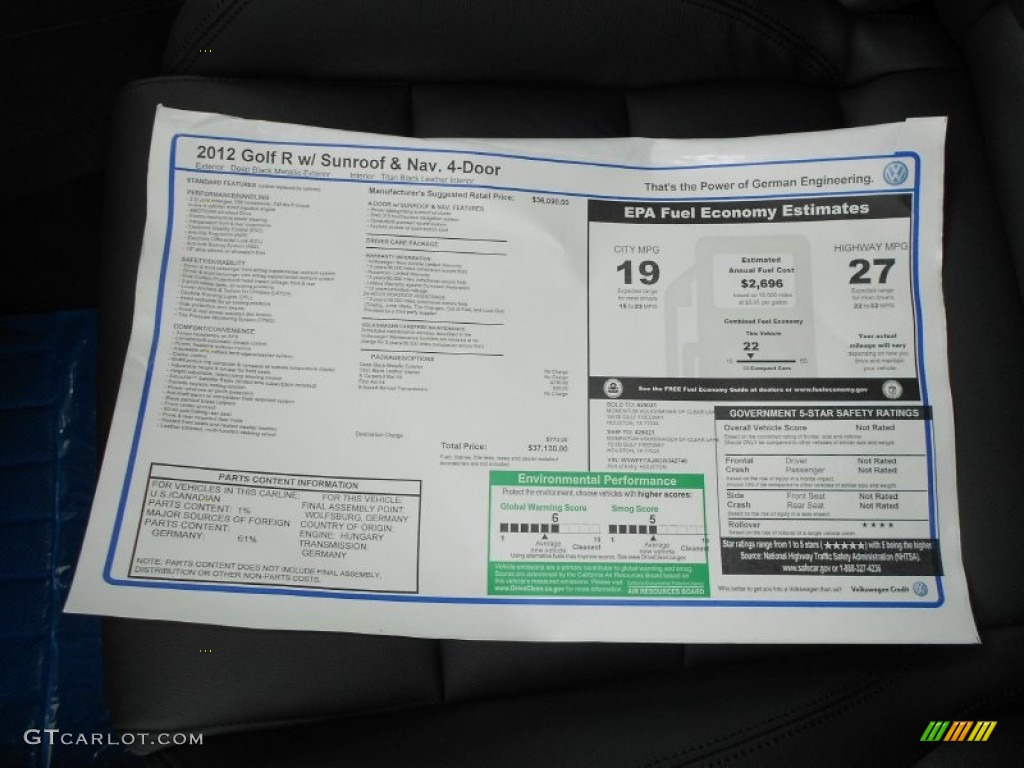 2012 Volkswagen Golf R 4 Door 4Motion Window Sticker Photo #67039956