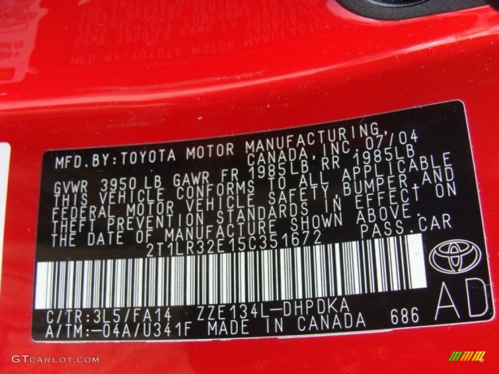 2005 Toyota Matrix AWD Color Code Photos
