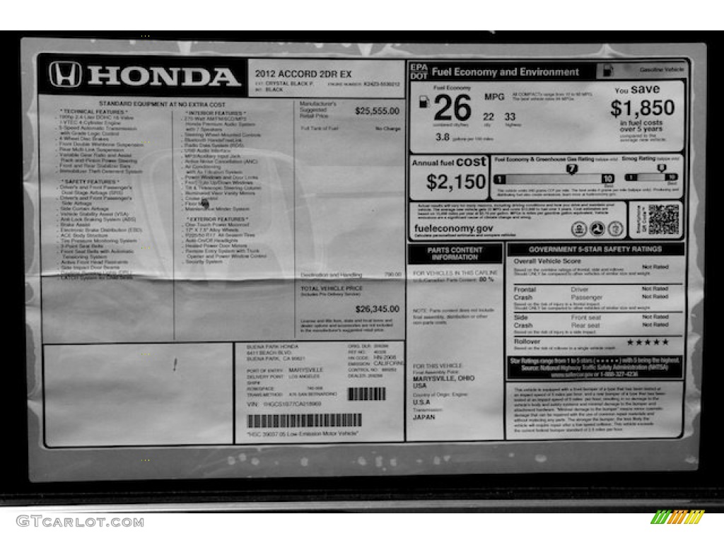 2012 Honda Accord EX Coupe Window Sticker Photo #67061344
