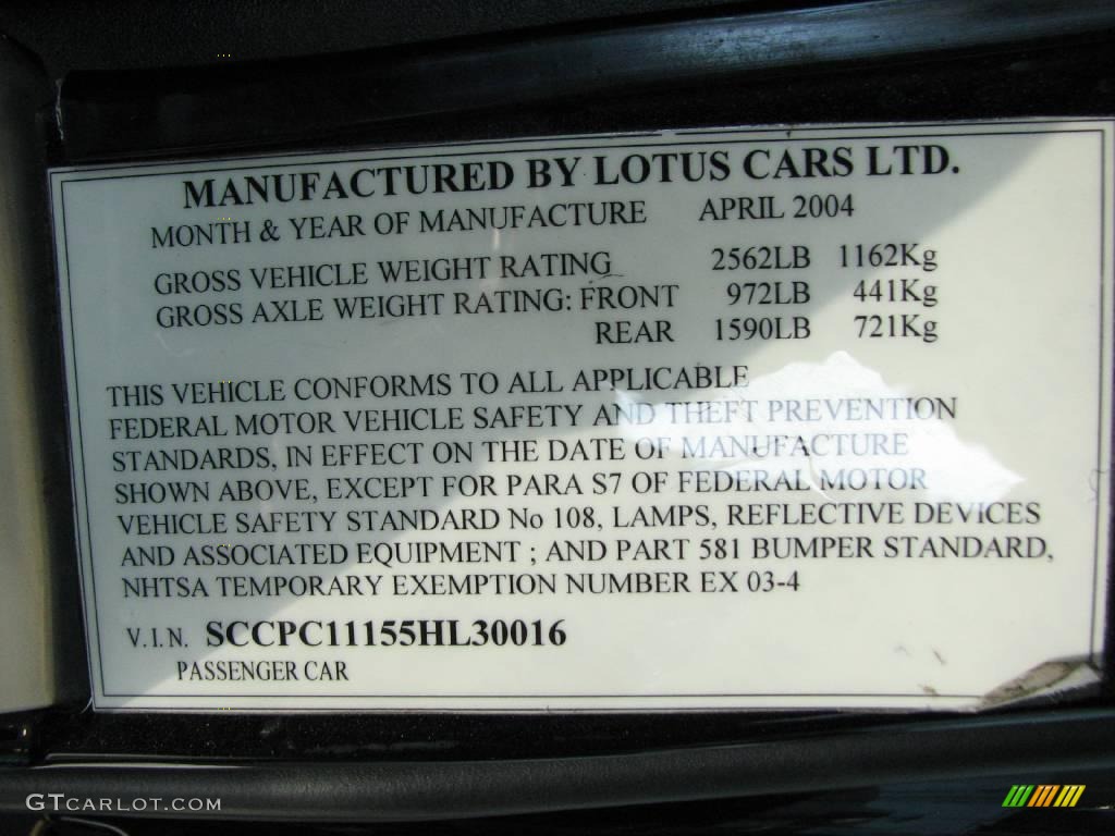 2005 Lotus Elise Standard Elise Model Info Tag Photo #6706816