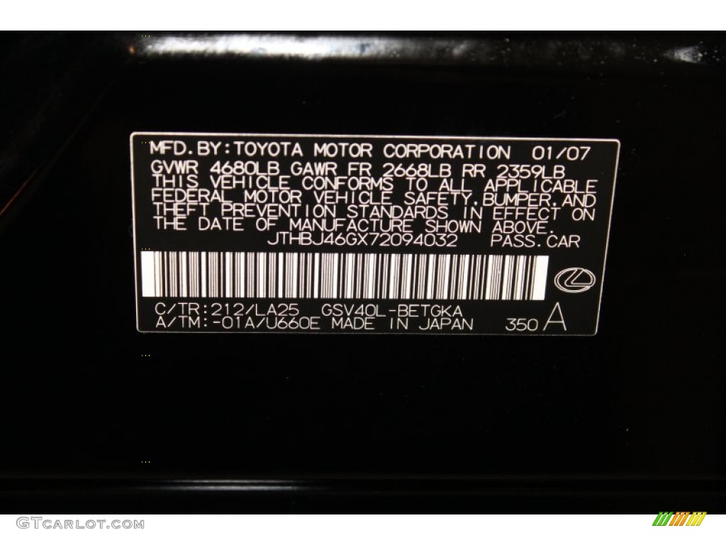 2007 ES Color Code 212 for Black Onyx Photo #67068309