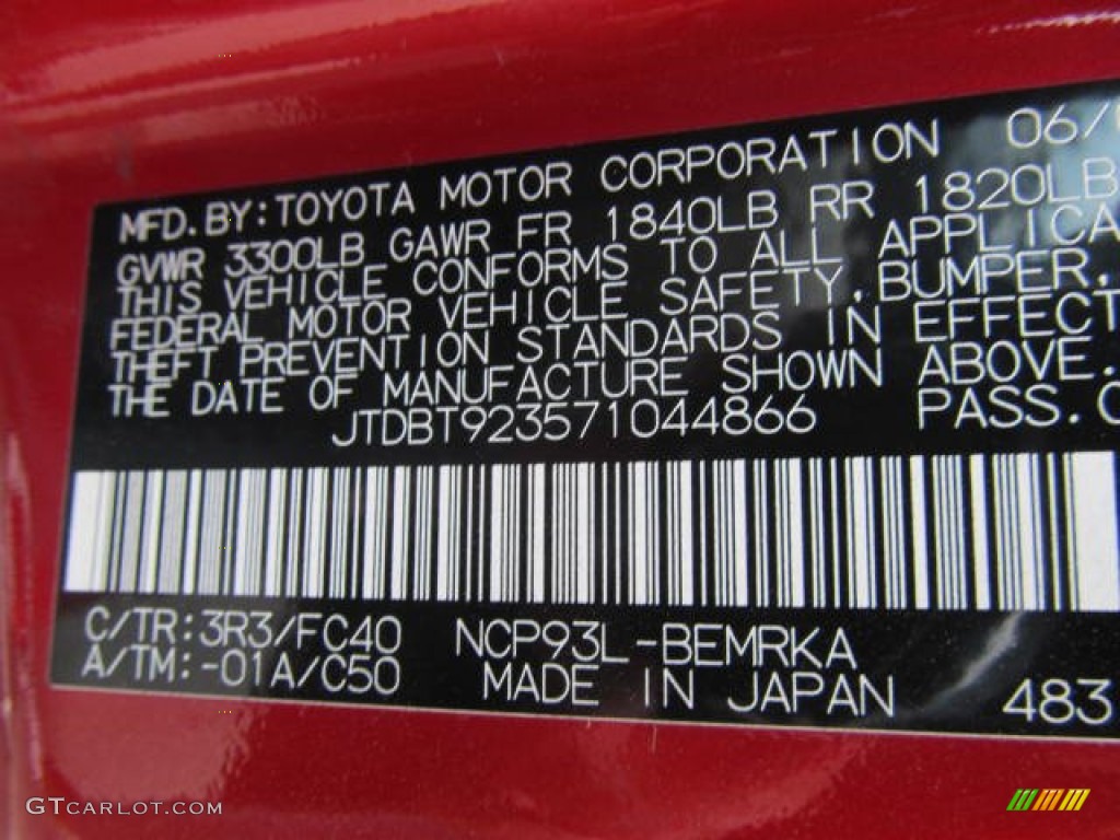 2007 Yaris Color Code 3R3 for Barcelona Red Metallic Photo #67073081