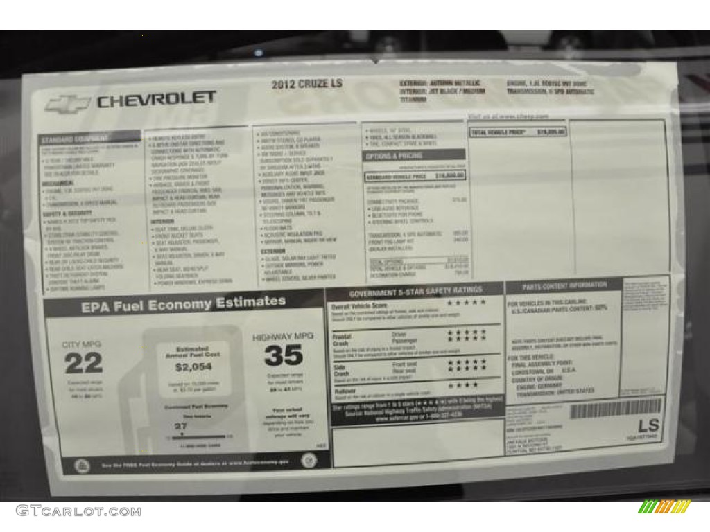 2012 Chevrolet Cruze LS Window Sticker Photo #67088383