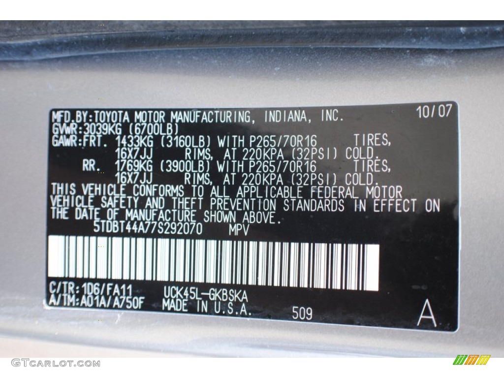 2007 Sequoia Color Code 1D6 for Silver Sky Metallic Photo #67118633
