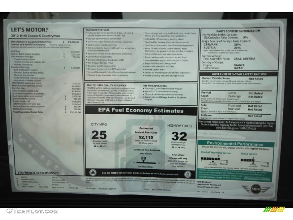 2012 Mini Cooper S Countryman Window Sticker Photo #67119226