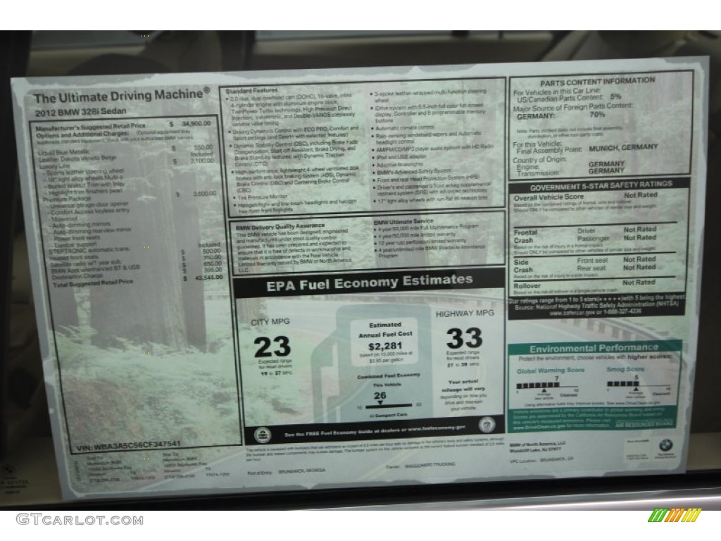 2012 BMW 3 Series 328i Sedan Window Sticker Photo #67119863