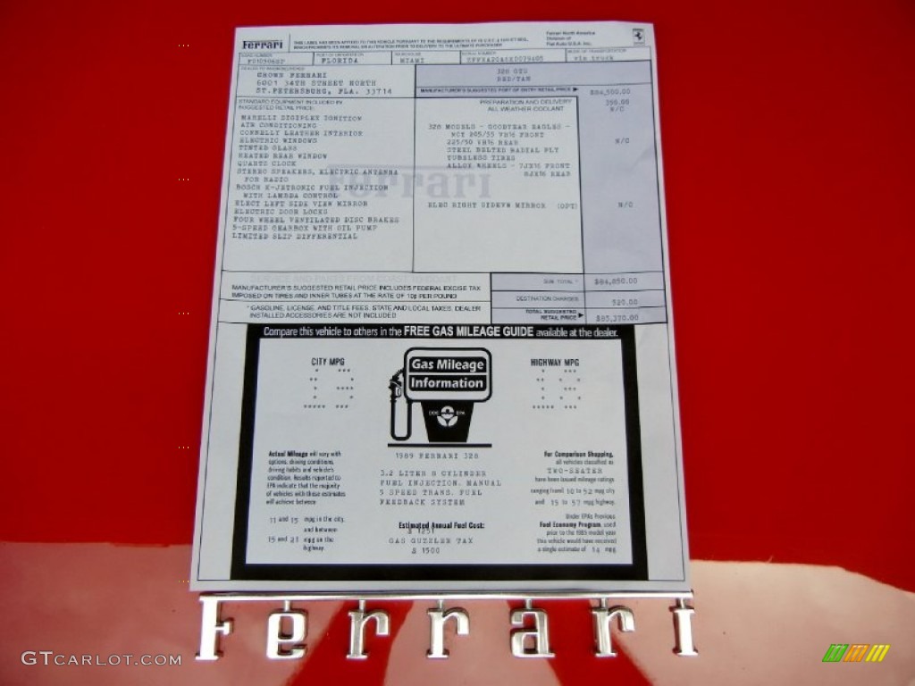 1989 Ferrari 328 GTS Window Sticker Photo #67120730