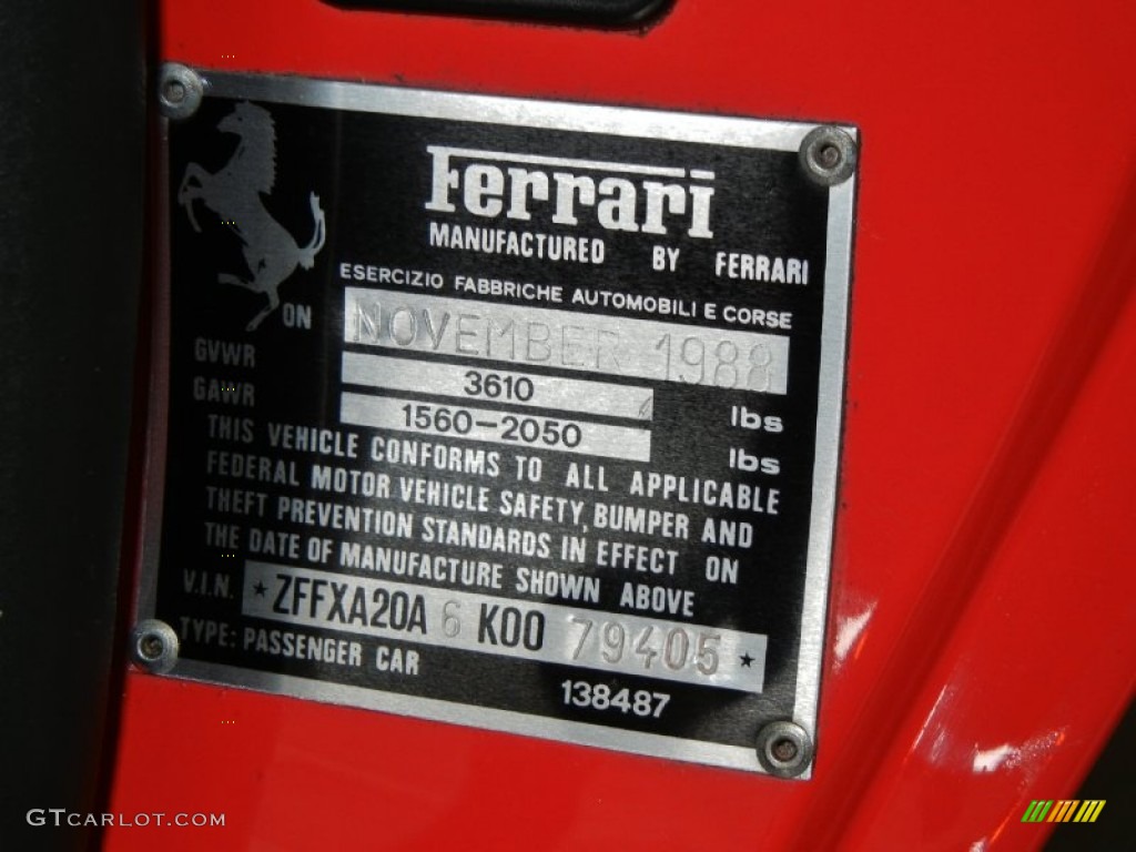 1989 Ferrari 328 GTS Info Tag Photo #67120763
