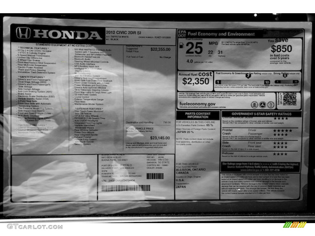 2012 Honda Civic Si Coupe Window Sticker Photos