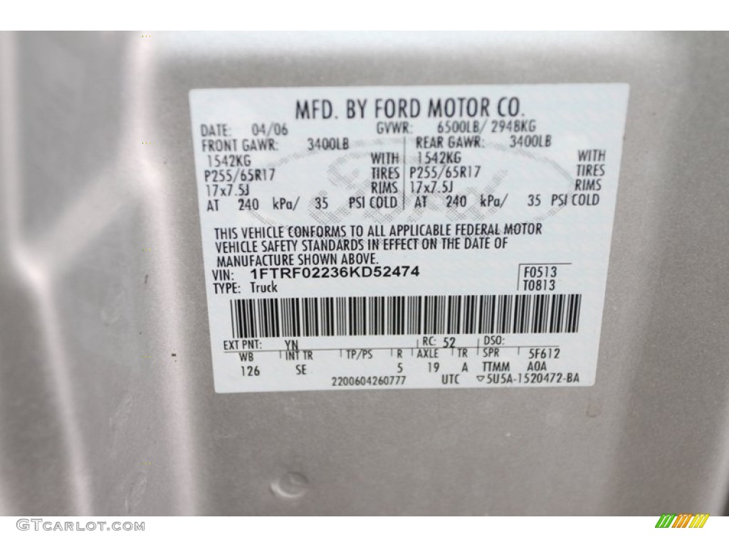 2006 F150 Color Code YN for Silver Metallic Photo #67160258