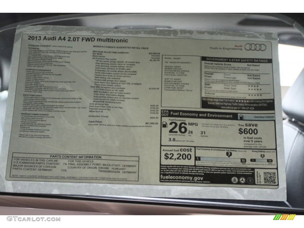 2013 Audi A4 2.0T Sedan Window Sticker Photo #67165649