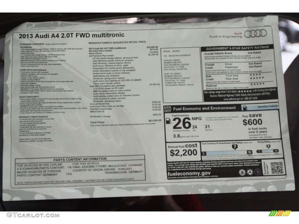 2013 Audi A4 2.0T Sedan Window Sticker Photo #67166187
