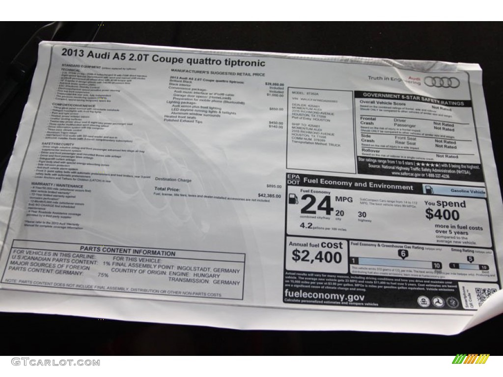2013 Audi A5 2.0T quattro Coupe Window Sticker Photo #67166729