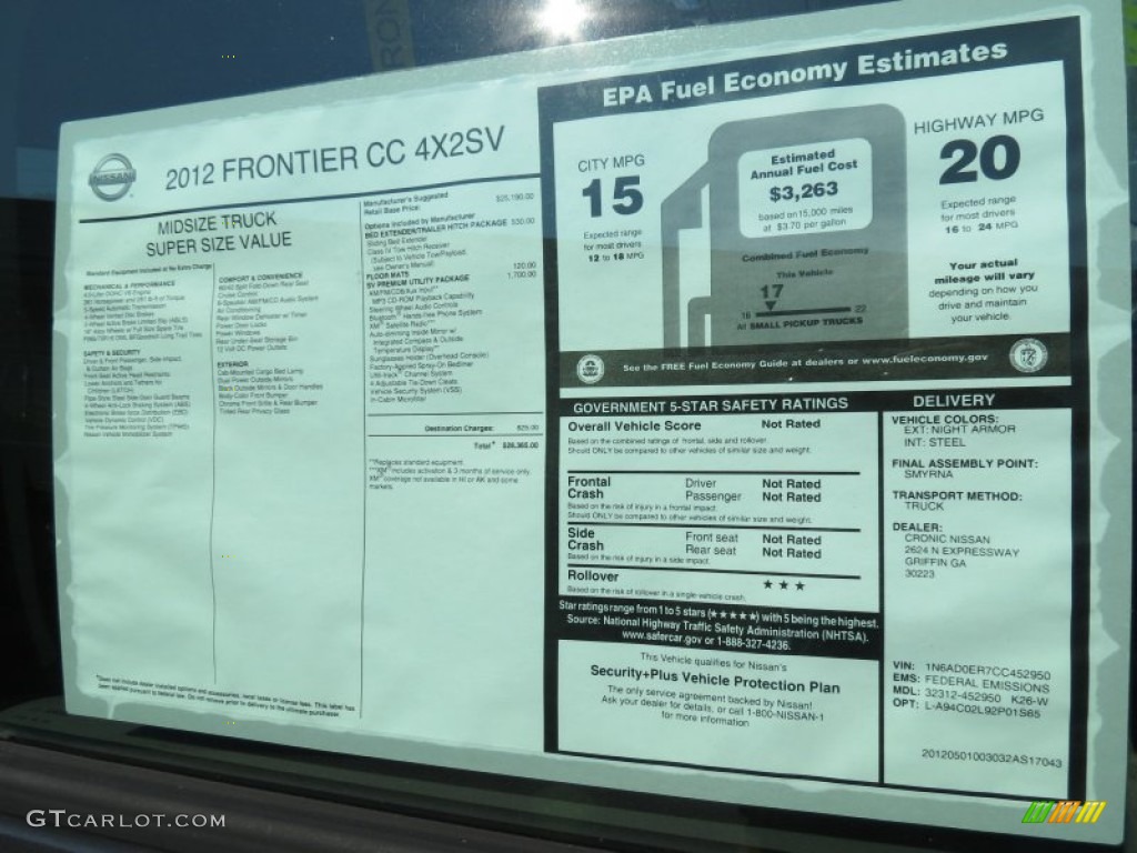 2012 Nissan Frontier SV Crew Cab Window Sticker Photo #67178420