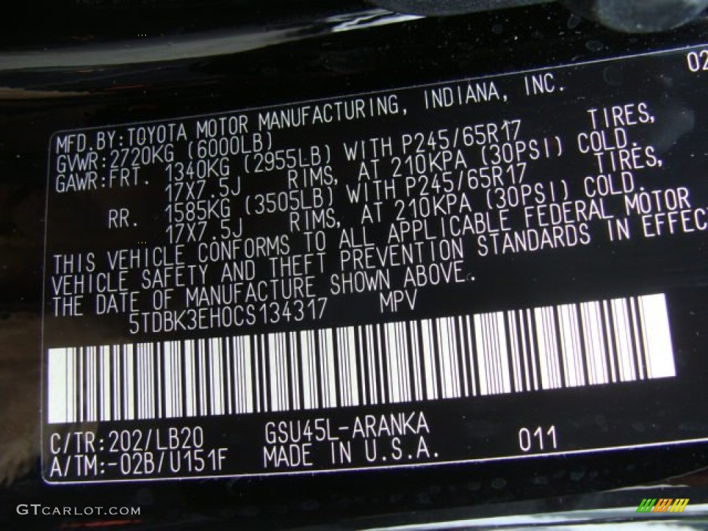 2012 Highlander Color Code 202 for Black Photo #67191140