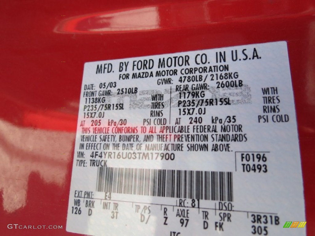 2003 B-Series Truck Color Code E4 for Performance Red Photo #67201977