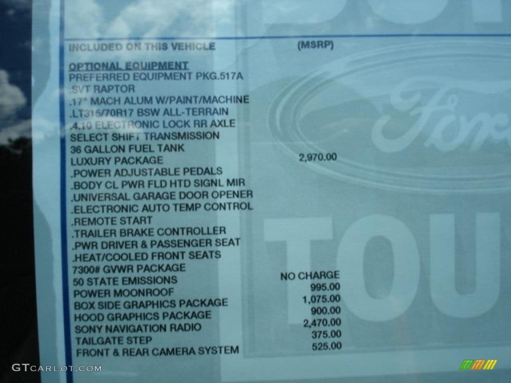 2012 Ford F150 SVT Raptor SuperCrew 4x4 Window Sticker Photo #67205790