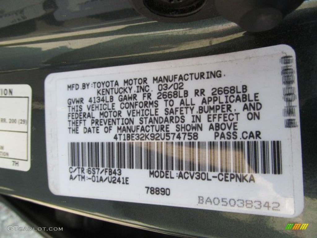 2002 Camry Color Code 6S7 for Aspen Green Pearl Photo #67219604