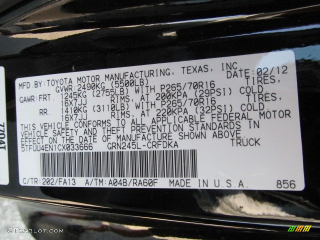 2012 Tacoma Color Code 202 for Black Photo #67219784