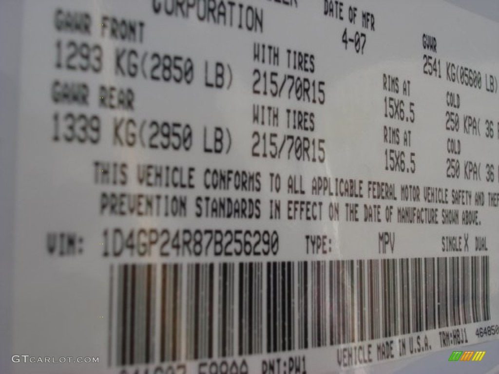 2007 Grand Caravan Color Code PW1 for Stone White Photo #67231011