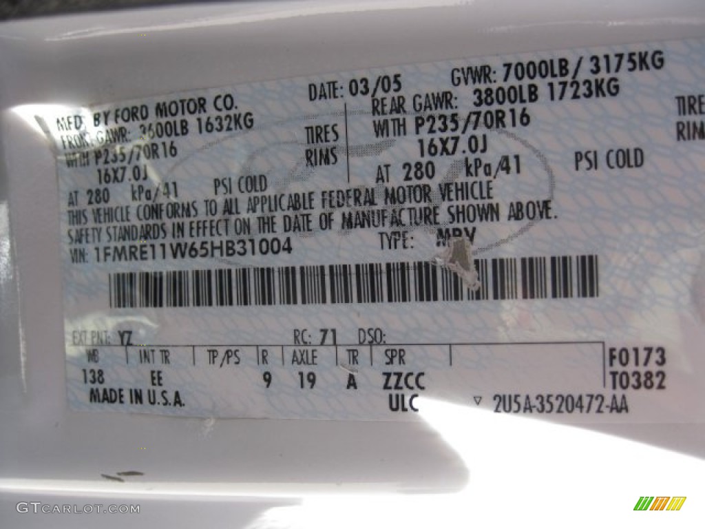 2005 Ford E Series Van E150 XLT Passenger Color Code Photos